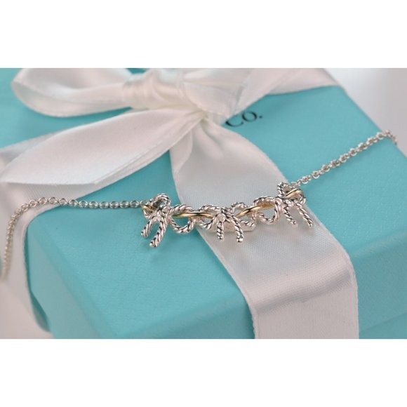 Tiffany & Co. Jewelry - Tiffany & Co. Vintage Three Bow Ribbon 18K Gold Bar Silver 17" Necklace